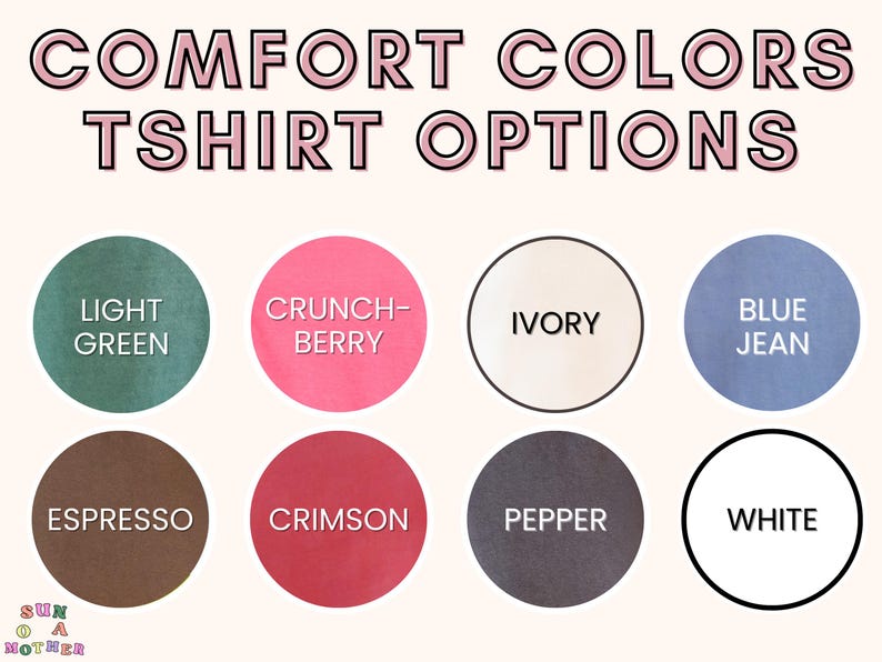 K&ouml;nnte beinhalten: Bild mit einer Auswahl an Comfort Colors T-Shirt-Optionen. Der Text "COMFORT COLORS TSHIRT OPTIONS" ist oben zu sehen. Darunter sind acht Farbfelder abgebildet: Hellgr&uuml;n, Crunch-Berry, Ivory, Blue Jean, Espresso, Karmesinrot, Pfeffer und Wei&szlig;.