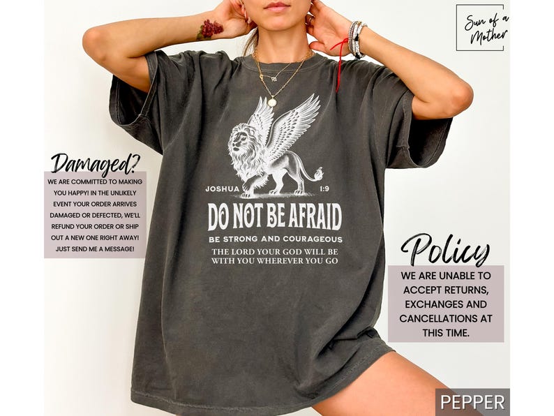 May include: Dark gray t-shirt featuring a white illustration of a lion with wings, accompanied by the text "DO NOT BE AFRAID" and a Bible verse. The shirt has a relaxed fit and is made of a soft material.