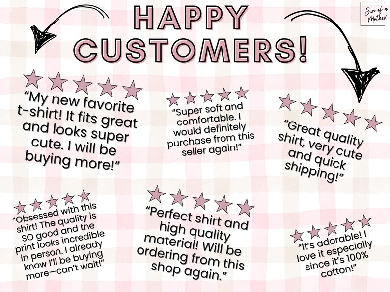 Peut inclure: Image avec le texte "HAPPY CUSTOMERS!" et des avis clients. Les avis incluent des phrases comme "Mon nouveau t-shirt pr&eacute;f&eacute;r&eacute; !" et "Chemise de grande qualit&eacute;." L'arri&egrave;re-plan est un motif &agrave; carreaux roses et blancs.