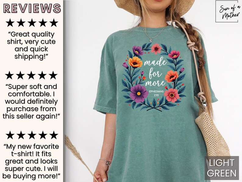 K&ouml;nnte beinhalten: Ein hellgr&uuml;nes T-Shirt mit einem floralen Kranz-Design und dem Text "made for more" mit dem Bibelvers "Epheser 2:10".