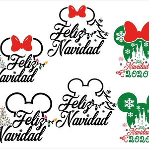 May include: Four different designs featuring a Mickey Mouse ear silhouette with a Christmas tree and the text "Feliz Navidad". Two designs feature a red bow, one features a green bow, and one features a green bow with a castle silhouette and the text "Feliz Navidad 2020".