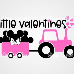 May include: Pink tractor with a black trailer and black wheels. The trailer is decorated with a black silhouette of Mickey Mouse with a pink bow. The text "little valentines" is above the tractor. There are pink hearts above the tractor.