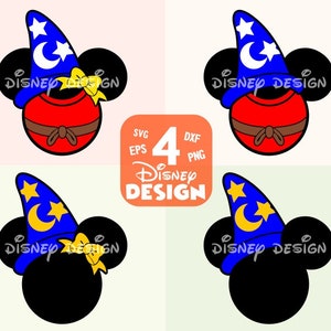 May include: Four digital cut files of Mickey Mouse ears with a sorcerer hat. The ears are red, blue, black, and blue. The hats are blue and yellow with stars and a crescent moon. The text "Disney Design" is on the image.