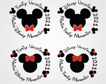 Puede incluir: Cuatro diseños de cabeza de Mickey Mouse en blanco y negro con lazos rojos. Cada diseño tiene el texto "Family Vacation Making Disney Memories" y "2021" alrededor de la cabeza.