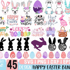 Könnte beinhalten: Ein Set mit 45 digitalen Design-Dateien zum Erstellen von Osterbastelarbeiten. Die Designs beinhalten Hasen, Eier, Körbe und Text wie "Frohe Ostern" und "Hippity Hoppity". Die Dateien sind in den Formaten SVG, PNG, DXF und EPS verfügbar.