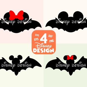 May include: Four black bat silhouettes with Mickey Mouse and Minnie Mouse ears. Two bats have red bows on top of their heads. The bats have the text "Disney Design" on their wings.