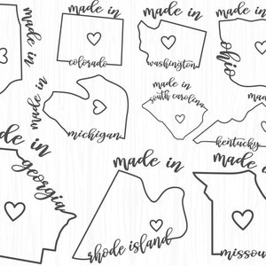 Puede incluir: Un dise&ntilde;o gr&aacute;fico en blanco y negro de los contornos de diferentes estados de los Estados Unidos. Cada estado tiene un coraz&oacute;n en su interior y el texto "made in" con el nombre del estado.