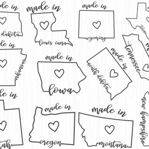 Puede incluir: Una descarga digital de 10 contornos de estados imprimibles con el texto "made in" y un coraz&oacute;n en el centro de cada estado. Los estados incluidos son Dakota del Norte, Luisiana, Wyoming, Texas, Arkansas, Iowa, Dakota del Sur, Tennessee, Utah, Oreg&oacute;n, Montana y Nuevo Hampshire.