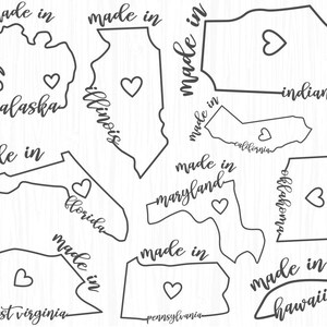 Puede incluir: Ilustraci&oacute;n en blanco y negro de diferentes estados de EE. UU. con el texto "made in" y un s&iacute;mbolo de coraz&oacute;n en cada estado. Los estados incluyen Alaska, Illinois, Indiana, California, Maryland, Oklahoma, Florida, Virginia Occidental, Pensilvania y Haw&aacute;i.