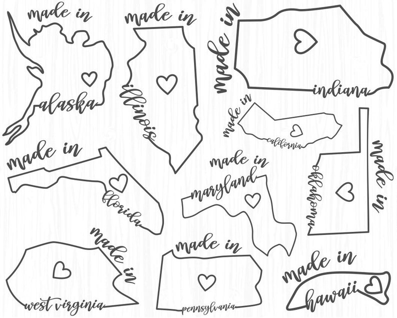 Puede incluir: Ilustraci&oacute;n en blanco y negro de diferentes estados de EE. UU. con el texto "made in" y un s&iacute;mbolo de coraz&oacute;n en cada estado. Los estados incluyen Alaska, Illinois, Indiana, California, Maryland, Oklahoma, Florida, Virginia Occidental, Pensilvania y Haw&aacute;i.