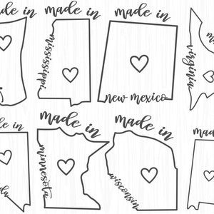 Puede incluir: Una descarga digital de 10 formas de estado de contorno en blanco y negro con el texto "made in" y el nombre del estado. Cada estado tiene un coraz&oacute;n en el centro.