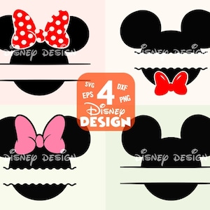 May include: Four black and white silhouette images of Mickey Mouse and Minnie Mouse heads with a space for a name. The images are in a square format with a red and white polka dot bow on Minnie Mouse and a red bow on Mickey Mouse.