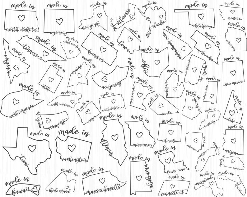 Puede incluir: Una ilustraci&oacute;n en blanco y negro de los Estados Unidos de Am&eacute;rica con cada estado delineado y etiquetado con el texto "Made in" y el nombre del estado. Cada estado tiene un peque&ntilde;o coraz&oacute;n en el centro.