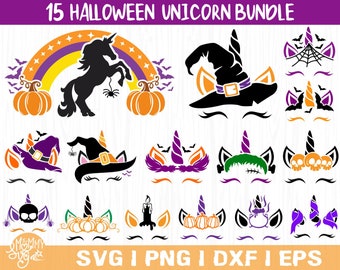 May include: A set of 15 Halloween unicorn SVG cut files. The designs include a unicorn with a witch's hat, a unicorn with a skull, a unicorn with a pumpkin, and more. The designs are perfect for creating Halloween crafts, decorations, and party supplies.