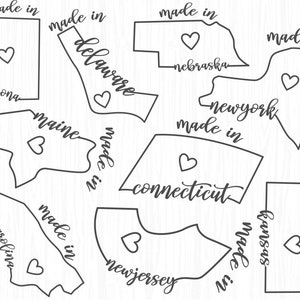 Puede incluir: Una ilustraci&oacute;n en blanco y negro de varios estados de EE. UU. con el texto "made in" y un s&iacute;mbolo de coraz&oacute;n en cada estado.