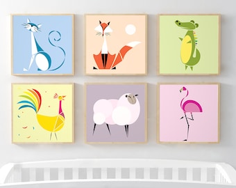 Abstract Animal Nursery Decor, 6 Set Animal Print, Colorful Digital Drawings, Cat, Fox, Crocodile, Hen, Sheep, Flamingo