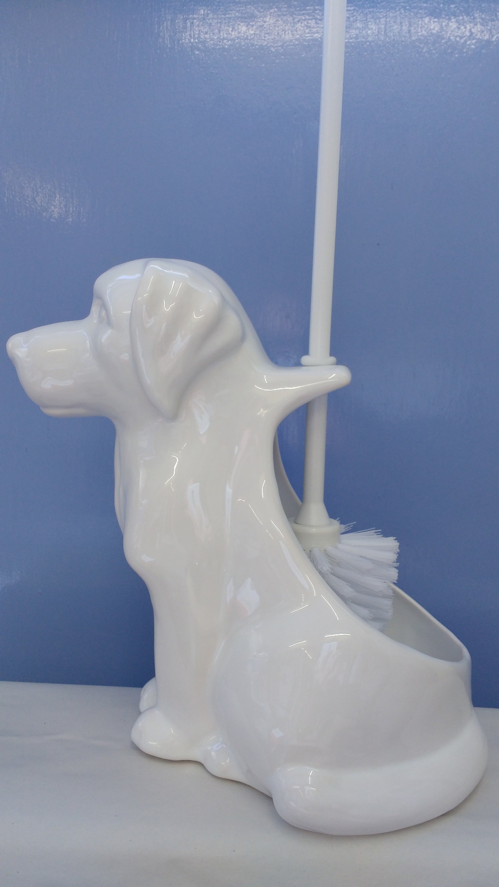 White Ceramic Dog toilet brush holder with hand painted face Etsy