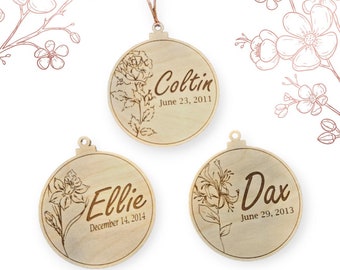 Personalized Birth Flower Ornaments, Engraved Birth Month Ornaments, Baby Shower Gift, Birthday and Christmas Gift For Her