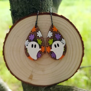 Ghost Earrings, Halloween Earrings, Ghost Dangle Earrings, Wood Earrings, Halloween Accessories, Flower and Ghosts