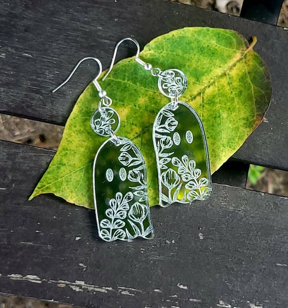 Floral Ghost Earrings, Halloween Earrings, Ghost Dangle Earrings, Mirror Acrylic Earrings, Halloween Accessories