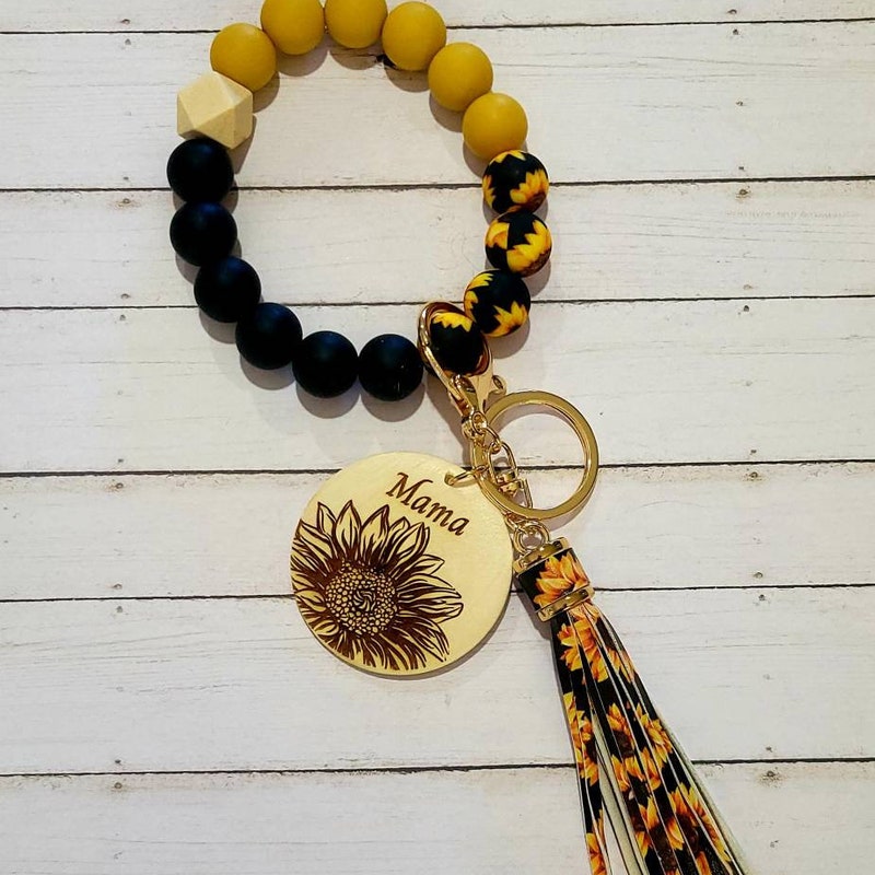 Sunflower silicone beaded wristlet keychain