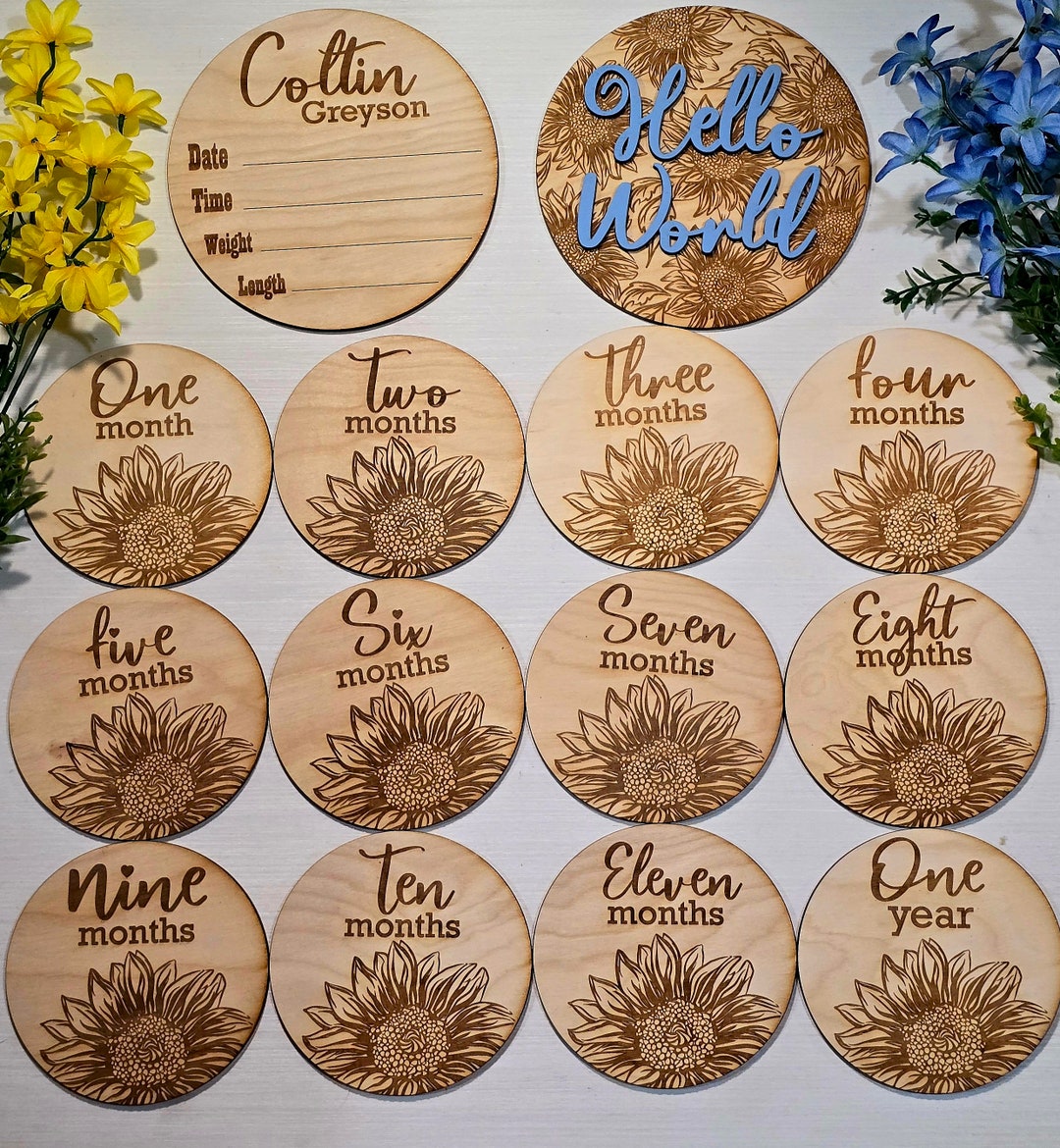 Sunflower Milestone Rounds, Wooden Baby Milestone Discs, Engraved ...