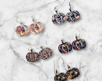 Fall Pumpkin Earrings, Autumn Earrings, Floral Pumpkin Earrings, Acrylic Earrings
