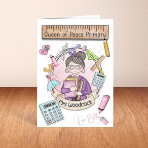 Tarjeta de agradecimiento personalizada para profesores (A4) / Regalo de fin de curso personalizado / Elige tu tono de piel, pelo, gafas, accesorios y nombre