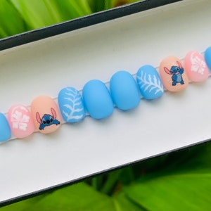 Kids Ohana Means Family press on nails, blue alien nails, tropical nails, aloha press ons