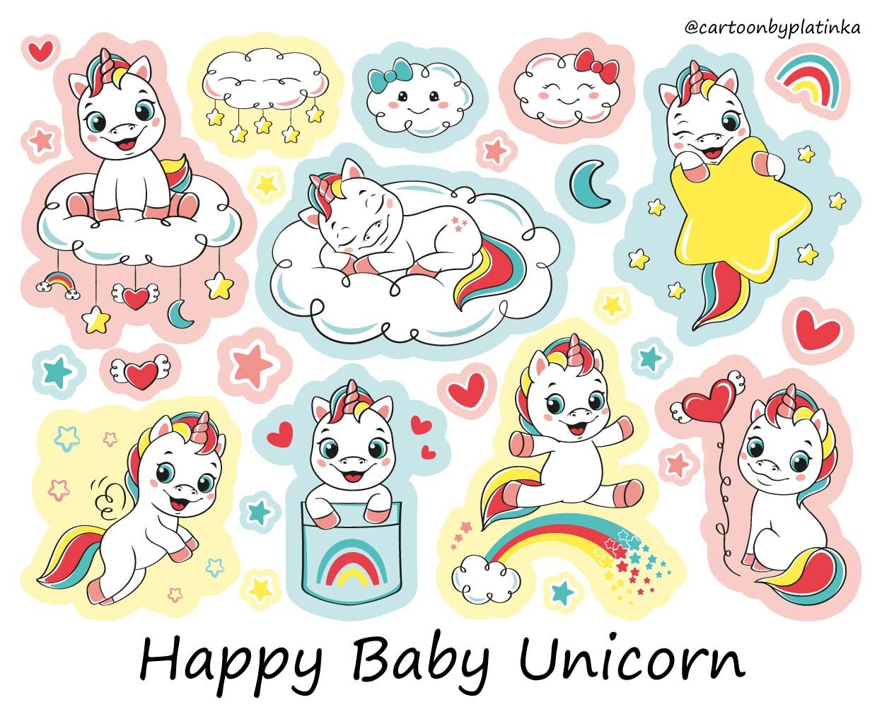 Set Happy Baby Unicorn Clipart PNG Cartoon Stickers Pack PDF | Etsy