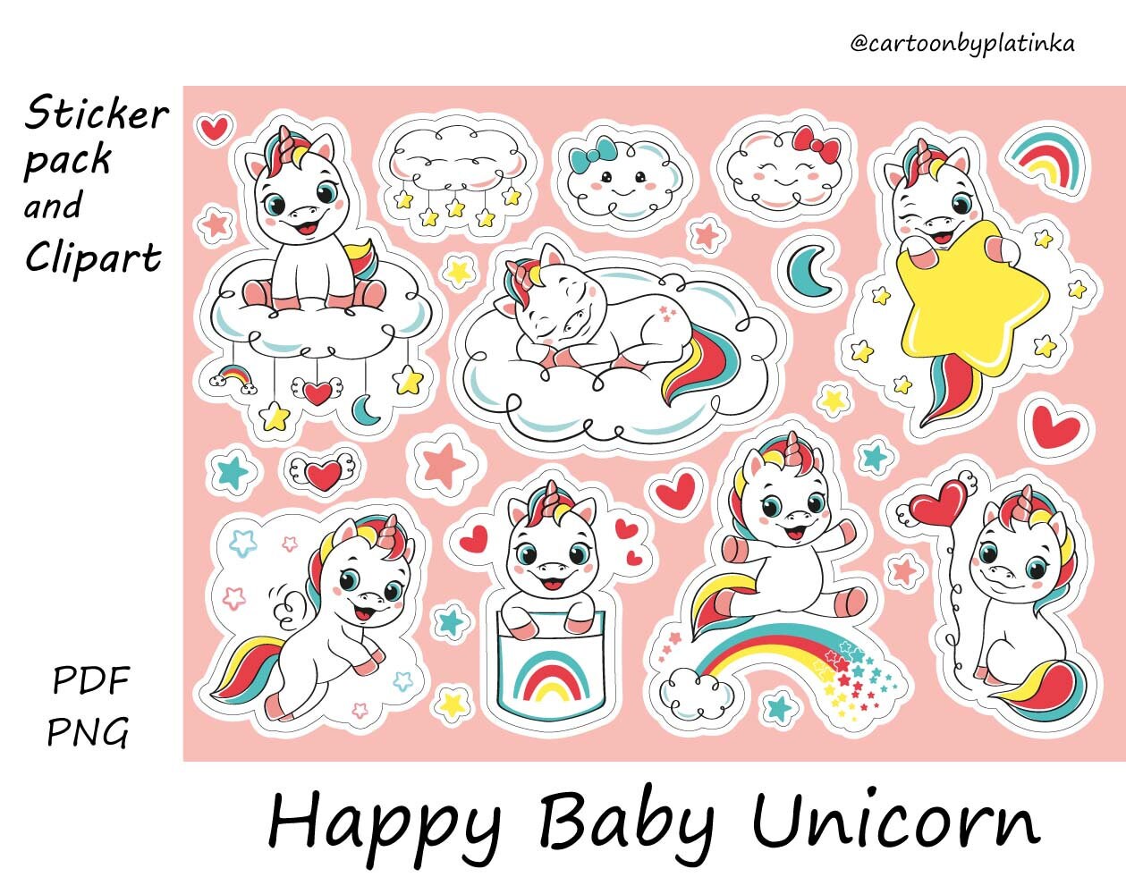Set Happy Baby Unicorn Clipart PNG Cartoon Stickers Pack PDF | Etsy
