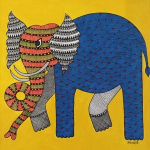 Original Gond Art Painting. Original acrylic colour Painting.Indian tribal painting. Handmade paper. Elephant painting,gift, tribal painting