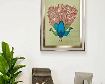 Dipinto di arte tribale Gond / Arte popolare indiana, acrilico su tela, 15 x 20 pollici