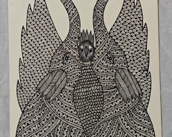 Original Gond Tribal Painting – Indian Folk Art on paper – Bohemian Wall Décor