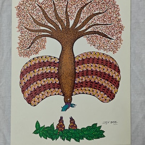 Original Gond Art Painting. Original acrylic colour Painting.Indian tribal painting. Handmade paper. Birds painting, gift, tribal painting
