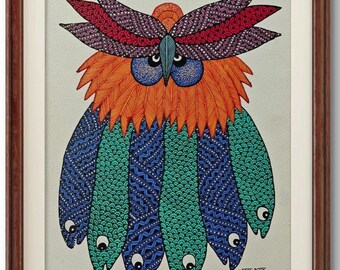 Acrylic Gond Tribal OwlPainting: Indian Folk Art on Paper