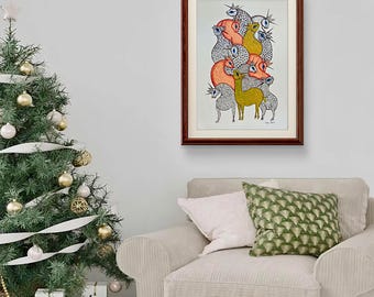 Original Deer Gond Painting – Indian Tribal Folk Art, Bohemian Wall Decor