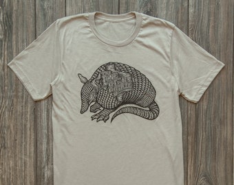 Armadillo Crew Neck T-Shirt - Unisex Sizing - sketched by artist and screen-printed with soft ink onto a premium shirt