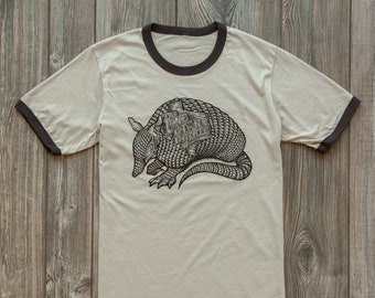 Armadillo Ringer Shirt - Unisex Sizing - sketched by artist and screen-printed with soft ink onto a premium shirt