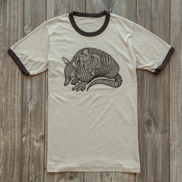 Armadillo Ringer Shirt - Unisex Sizing - sketched by artist and screen-printed with soft ink onto a premium shirt