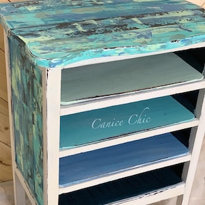 Coastal Beach Hand Painted One of a Kind Antique Vintage Shelves Table, Entryway, Living Room, Bedroom, Hallway