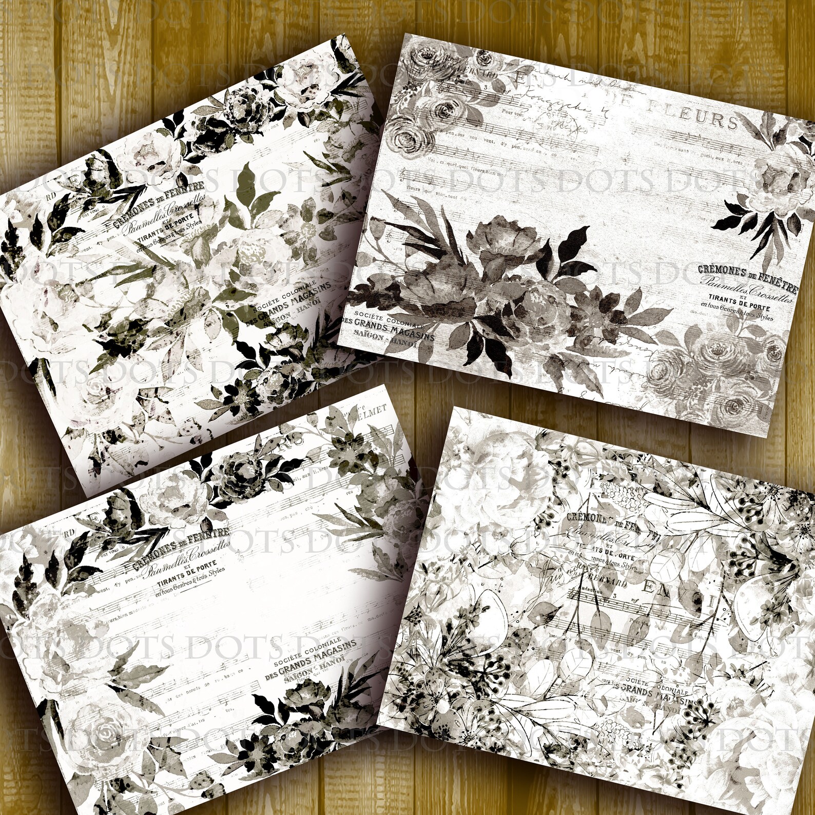 Black & White Floral Paper 8 Junk Journal Printable Pages Etsy