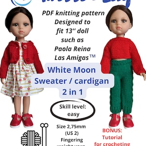 White Moon Sweater/Cardigan PDF Knitting Pattern for 13” Dolls like Paola Reina | 2-in-1 Digital Download