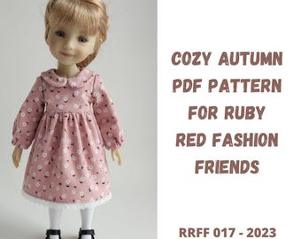Patrón de costura en PDF para vestido de otoño para muñecas Ruby Red Fashion Friends de 15"
