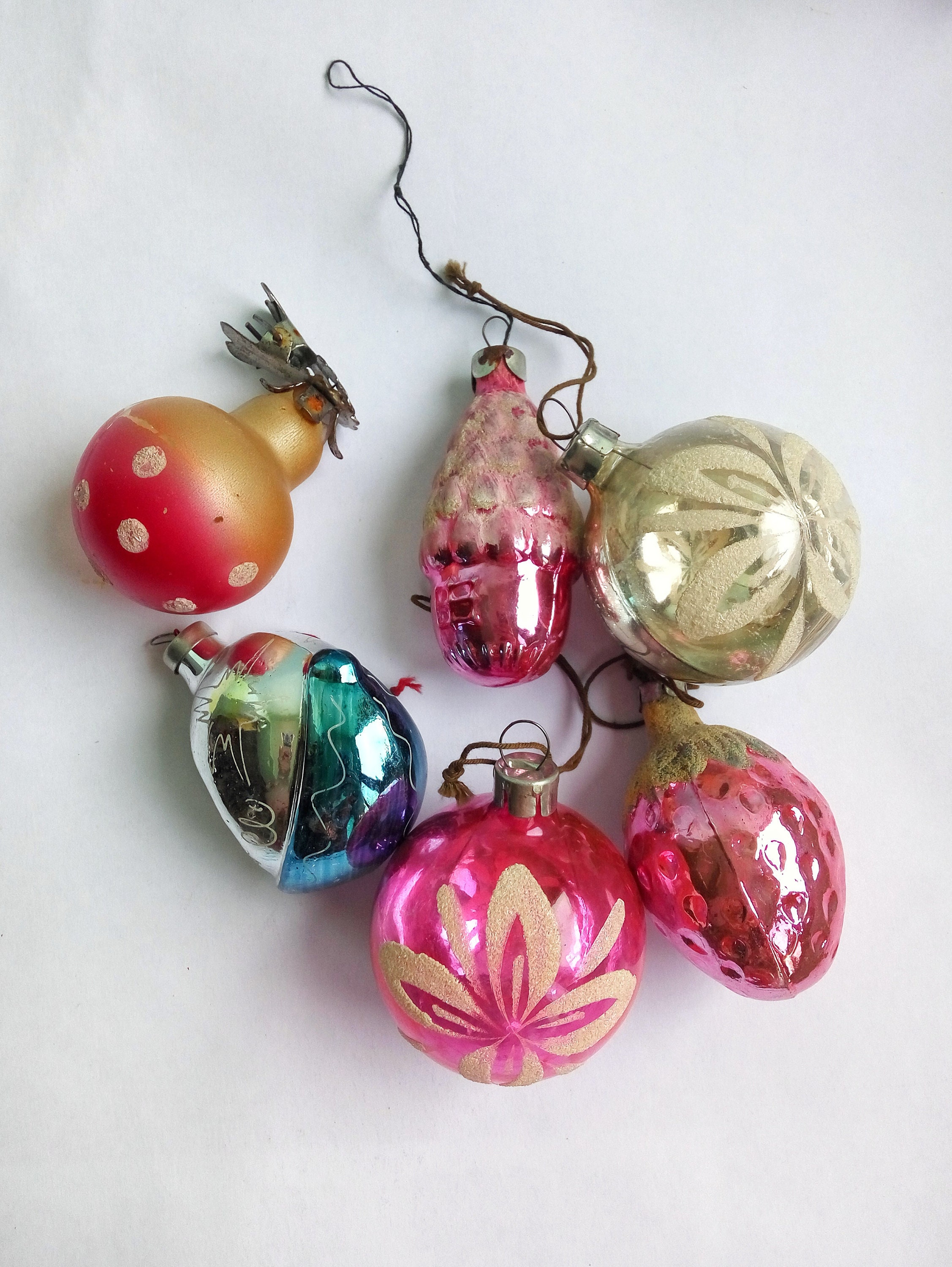 christmas decoration 70s shiny glass ornament Set of 10 Soviet Vintage Christmas ornament Colored Pine Cone Made of Glass in USSR