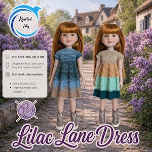 May include: Two dolls with long auburn hair wearing short-sleeved knit dresses. One dress features blue and tan ombre tones, while the other has tan, mint, and dark teal horizontal stripes. Text includes PDF KNITTING PATTERN, 15 inch doll, and Lilac Lane Dress.