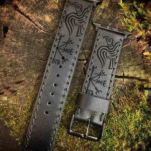 Vegvisir horlogebandje voor Apple/Samsung 170-200 mm echt leer Keltisch Scandinavisch gegraveerd aangepaste cadeaus voor hem occulte heidense runen