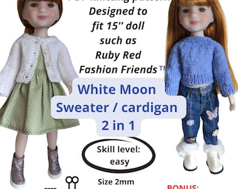 Knitting Pattern for 15" Ruby Red Doll: White Moon Sweater & Cardigan 2-in-1 (PDF)