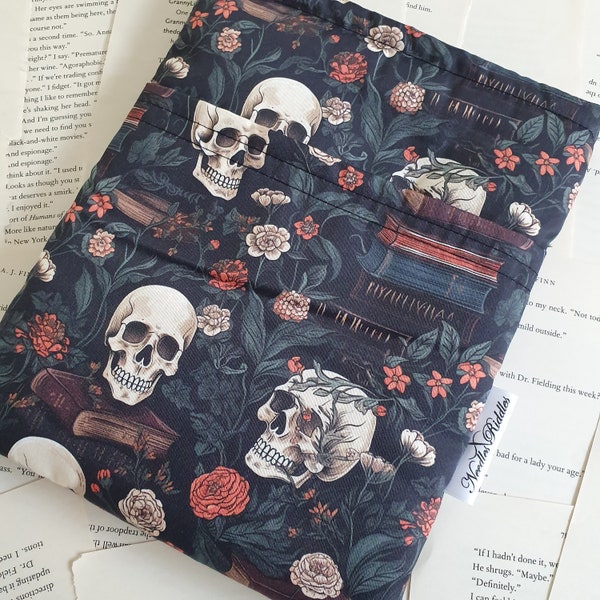 Book Sleeve with Pocket, Book Jacket, Kindle Sleeve, Bookmark Sleeve, Switch Sleeve  Skull Books