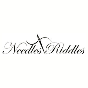May include: Black and white logo for a business called "Needles & Riddles". The logo features a stylised needle and thread.